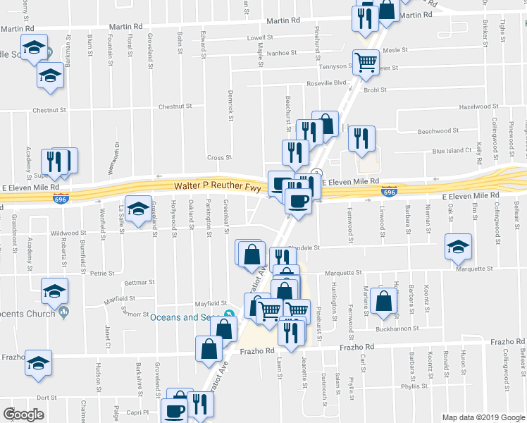 map of restaurants, bars, coffee shops, grocery stores, and more near 26804 East Park Street in Roseville
