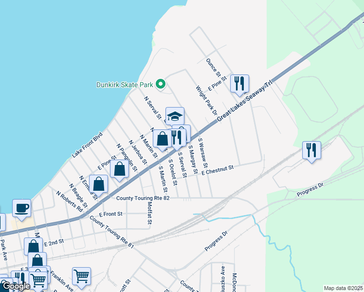 map of restaurants, bars, coffee shops, grocery stores, and more near 348 Lake Shore Drive East in Dunkirk