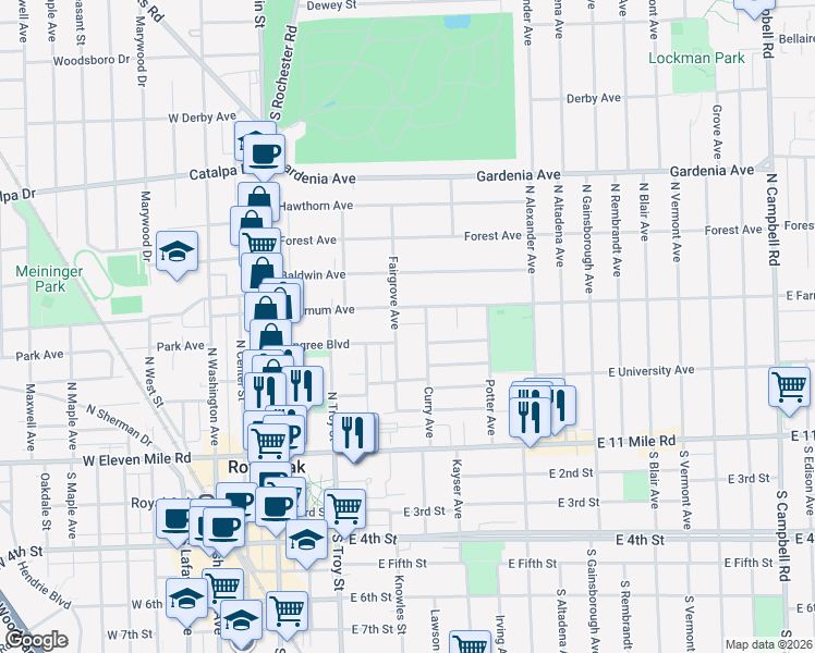 map of restaurants, bars, coffee shops, grocery stores, and more near 512 Fairgrove Avenue in Royal Oak