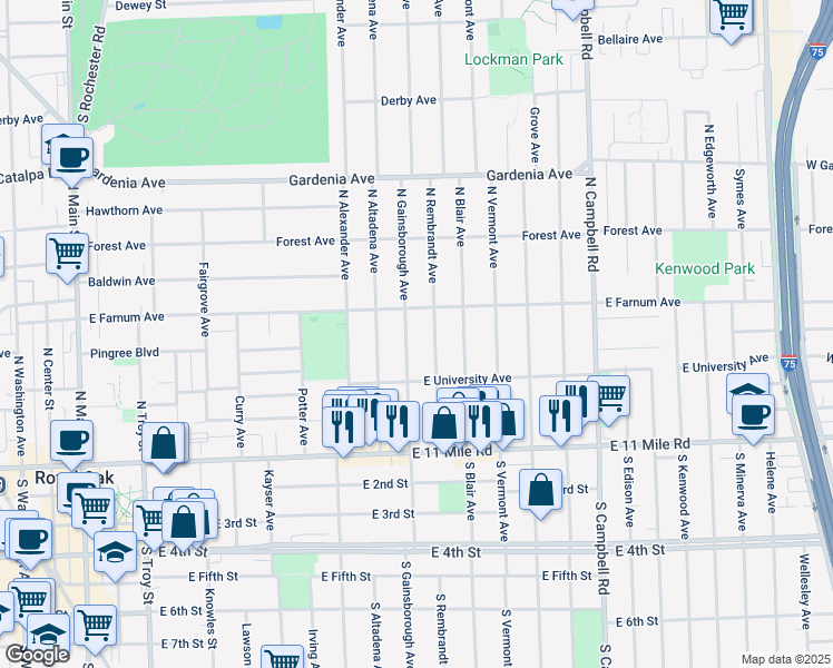 map of restaurants, bars, coffee shops, grocery stores, and more near 418 N Gainsborough Ave in Royal Oak