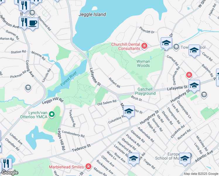 map of restaurants, bars, coffee shops, grocery stores, and more near 107 Lafayette Street in Marblehead