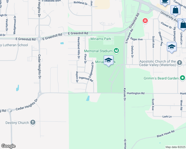 map of restaurants, bars, coffee shops, grocery stores, and more near 1309 Edgewood Drive in Waterloo