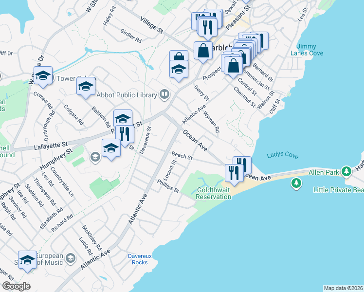 map of restaurants, bars, coffee shops, grocery stores, and more near 6 Garnet Street in Marblehead