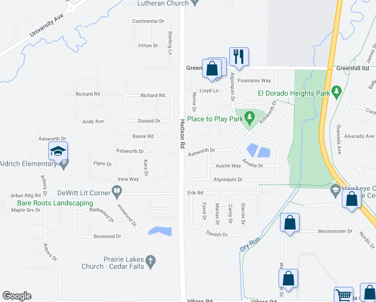 map of restaurants, bars, coffee shops, grocery stores, and more near 1617 Ashworth Drive in Cedar Falls