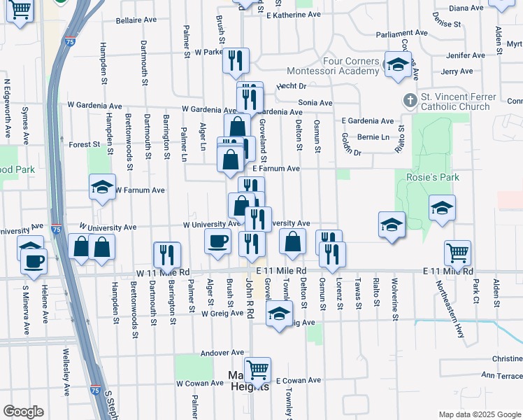 map of restaurants, bars, coffee shops, grocery stores, and more near 27335 Groveland Street in Madison Heights