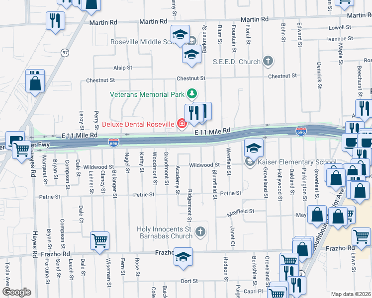 map of restaurants, bars, coffee shops, grocery stores, and more near 16250 East Eleven Mile Road in Roseville