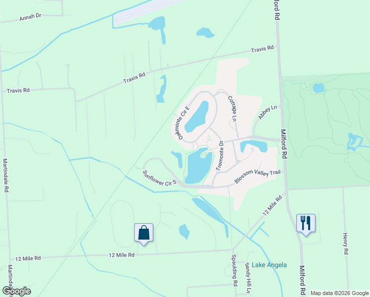 map of restaurants, bars, coffee shops, grocery stores, and more near 28192 Oakmonte Circle East in Lyon Charter Township