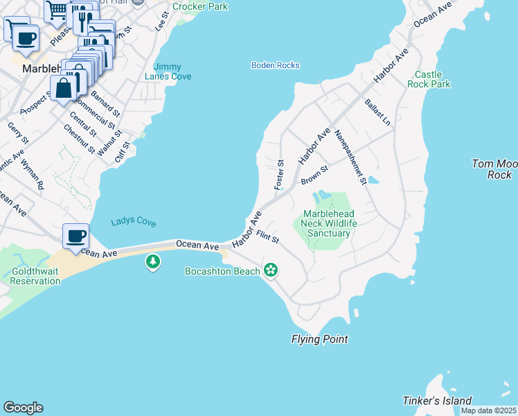 map of restaurants, bars, coffee shops, grocery stores, and more near 20 Harbor Avenue in Marblehead