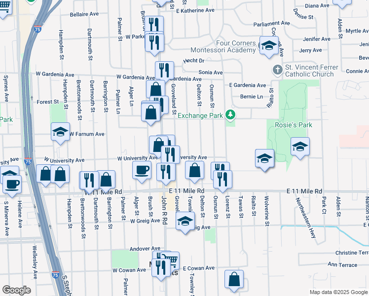 map of restaurants, bars, coffee shops, grocery stores, and more near 27336 Townley Street in Madison Heights