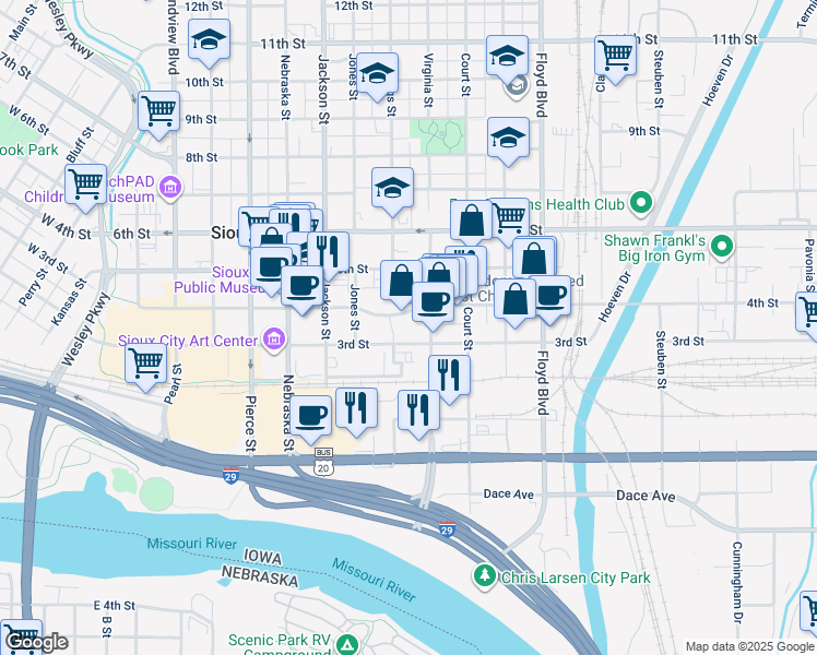 map of restaurants, bars, coffee shops, grocery stores, and more near 304 South Jennings Street in Sioux City