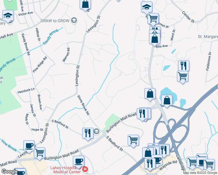 map of restaurants, bars, coffee shops, grocery stores, and more near 29 Sunset Drive in Burlington