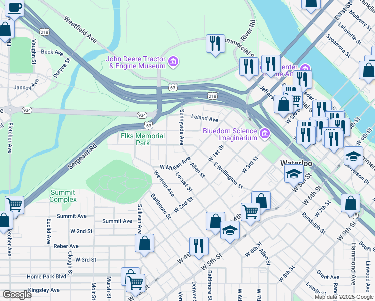 map of restaurants, bars, coffee shops, grocery stores, and more near 405 Sunnyside Avenue in Waterloo