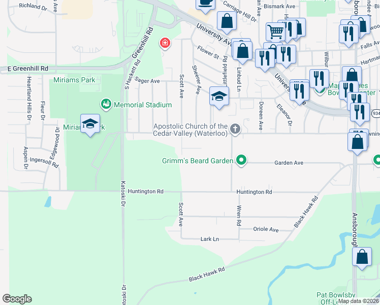 map of restaurants, bars, coffee shops, grocery stores, and more near 1845 Rush St in Waterloo