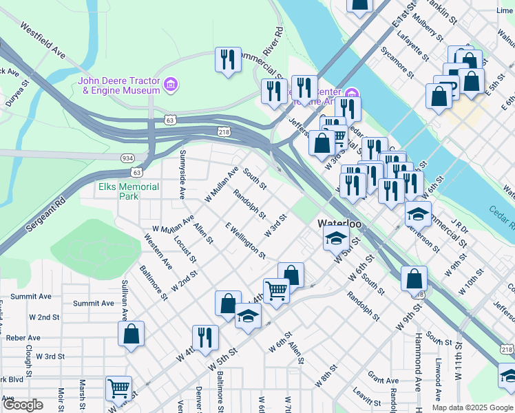 map of restaurants, bars, coffee shops, grocery stores, and more near 626 West 2nd Street in Waterloo