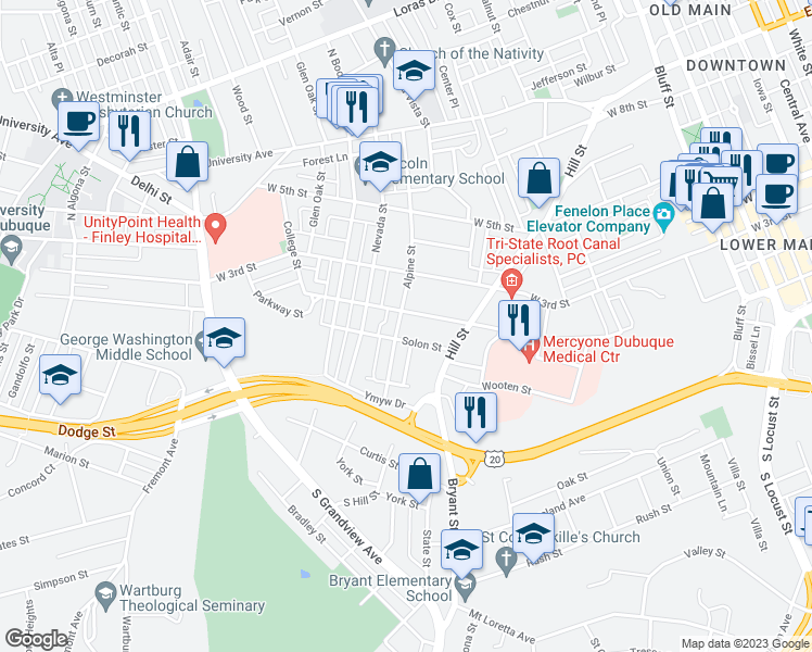 map of restaurants, bars, coffee shops, grocery stores, and more near 154 Alpine Street in Dubuque