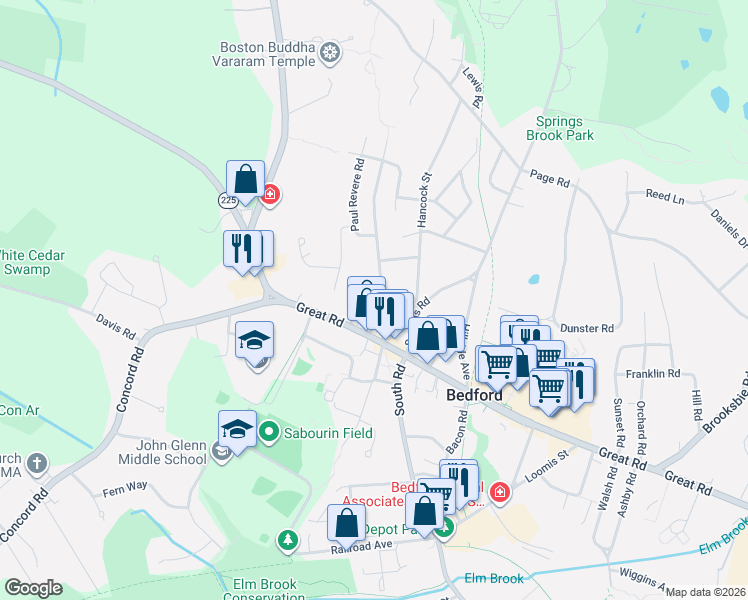 map of restaurants, bars, coffee shops, grocery stores, and more near 38 Fletcher Road in Bedford
