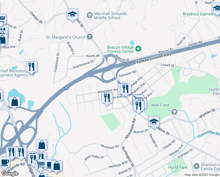 map of restaurants, bars, coffee shops, grocery stores, and more near 1 Elizabeth Avenue in Burlington