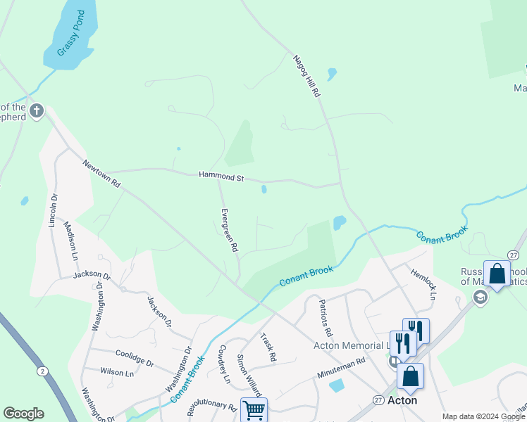 map of restaurants, bars, coffee shops, grocery stores, and more near 15 Balsam Drive in Acton