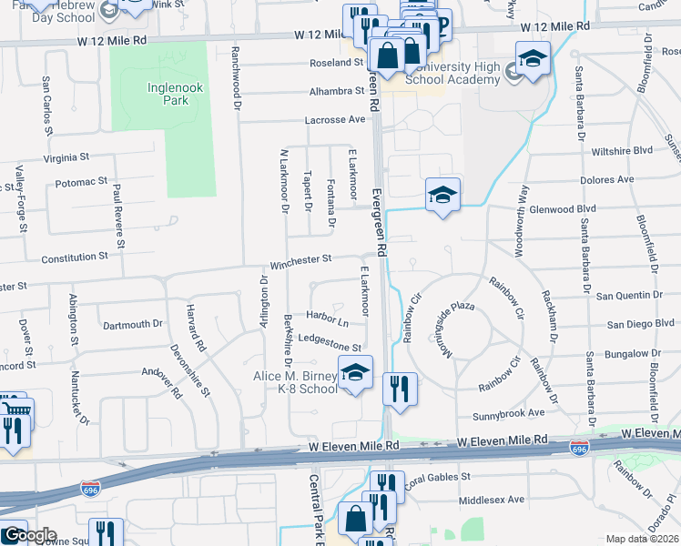 map of restaurants, bars, coffee shops, grocery stores, and more near 20240 Brookshire Street in Southfield