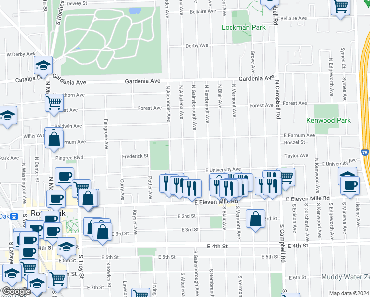 map of restaurants, bars, coffee shops, grocery stores, and more near 502 North Altadena Avenue in Royal Oak