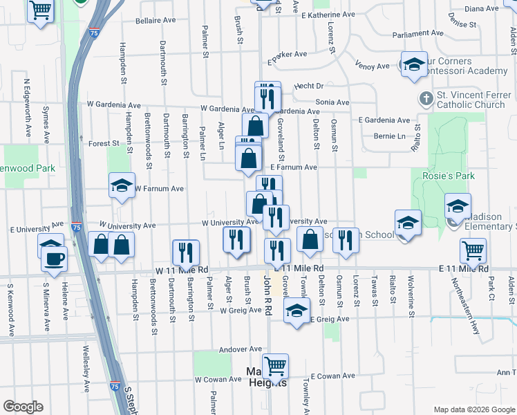 map of restaurants, bars, coffee shops, grocery stores, and more near 27329 John R Road in Madison Heights