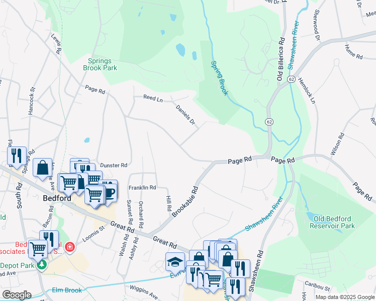 map of restaurants, bars, coffee shops, grocery stores, and more near 97 Page Road in Bedford