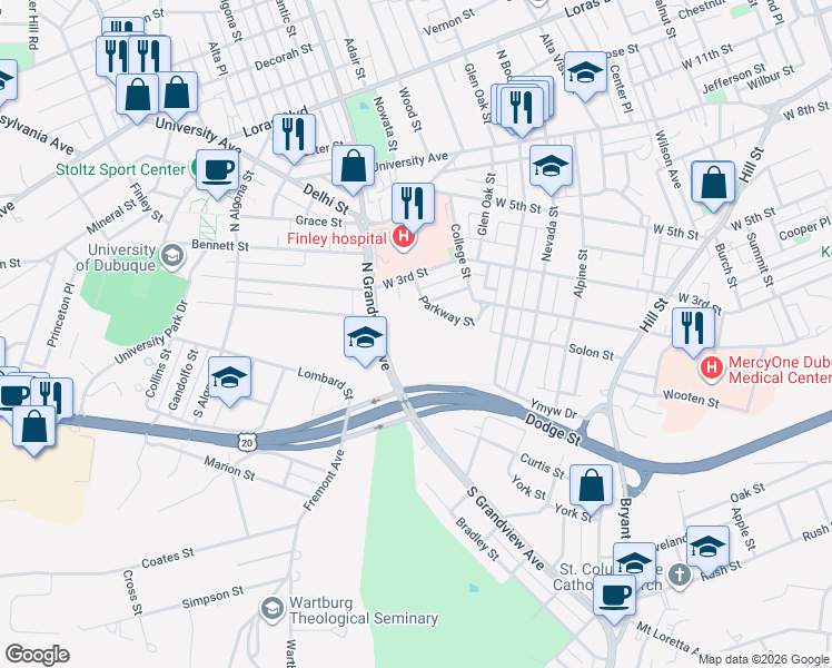 map of restaurants, bars, coffee shops, grocery stores, and more near 130 North Grandview Avenue in Dubuque