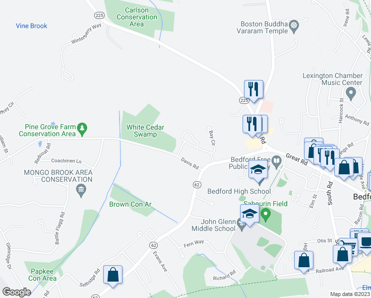 map of restaurants, bars, coffee shops, grocery stores, and more near 3 Patricia Circle in Bedford