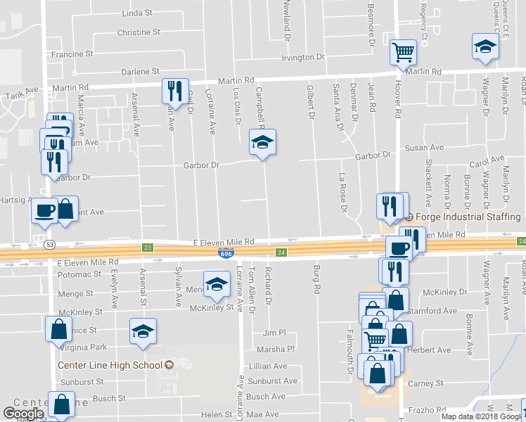 map of restaurants, bars, coffee shops, grocery stores, and more near 27141 Campbell Road in Warren