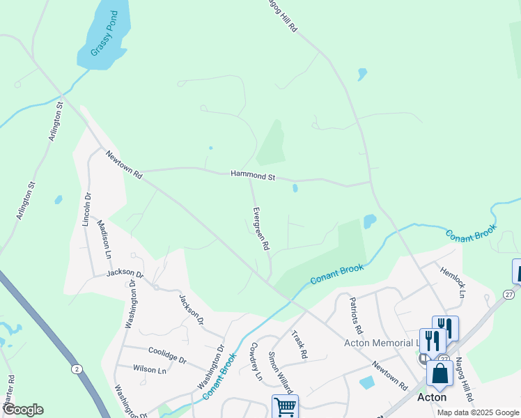 map of restaurants, bars, coffee shops, grocery stores, and more near 17 Evergreen Road in Acton