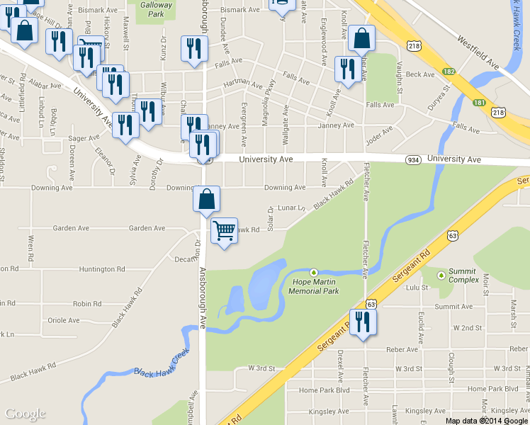 map of restaurants, bars, coffee shops, grocery stores, and more near 1310 Solar Drive in Waterloo