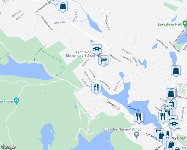 map of restaurants, bars, coffee shops, grocery stores, and more near 17 Holly Avenue in Lynn