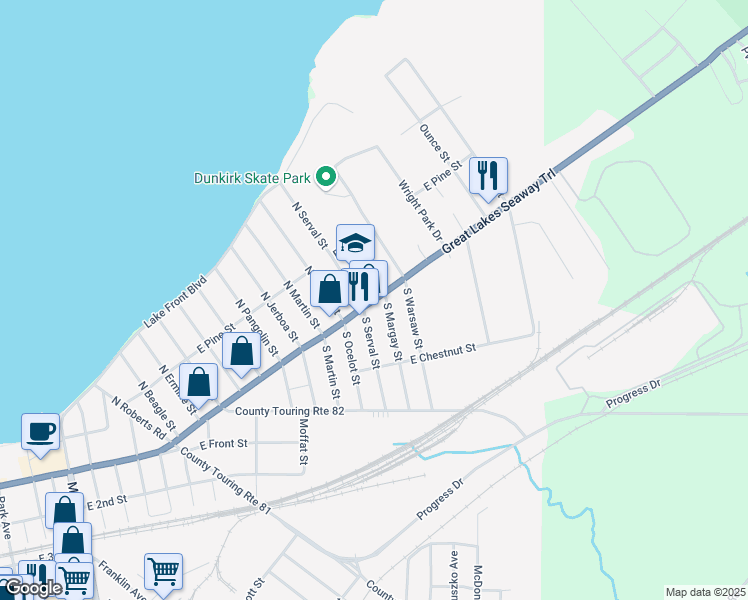 map of restaurants, bars, coffee shops, grocery stores, and more near 348 Lake Shore Drive East in Dunkirk