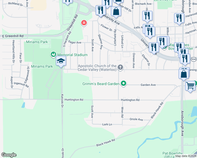 map of restaurants, bars, coffee shops, grocery stores, and more near 1845 Rush St in Waterloo