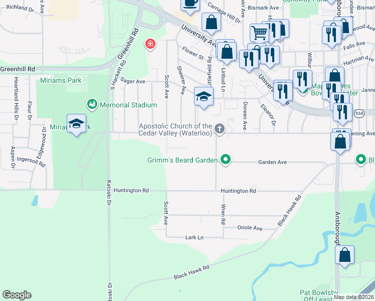map of restaurants, bars, coffee shops, grocery stores, and more near 1815 Rush Street in Waterloo