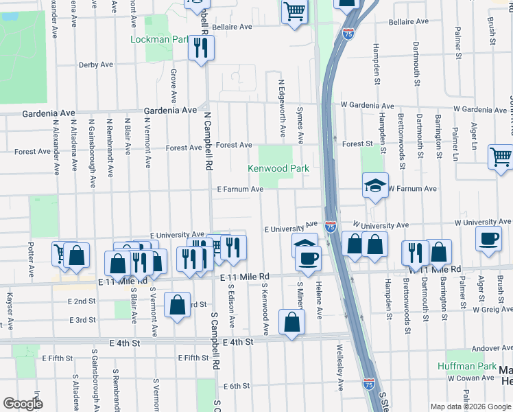 map of restaurants, bars, coffee shops, grocery stores, and more near 501 North Kenwood Avenue in Royal Oak