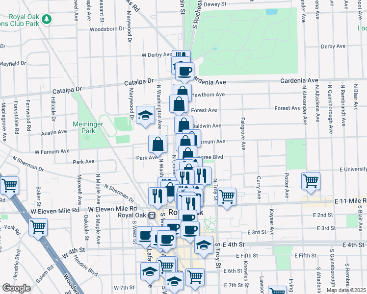 map of restaurants, bars, coffee shops, grocery stores, and more near 517 North Main Street in Royal Oak