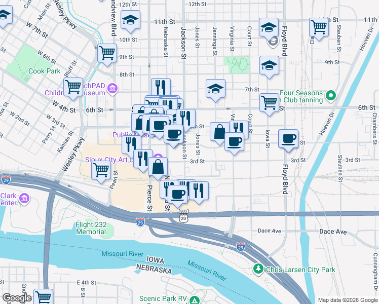 map of restaurants, bars, coffee shops, grocery stores, and more near 700 4th Street in Sioux City