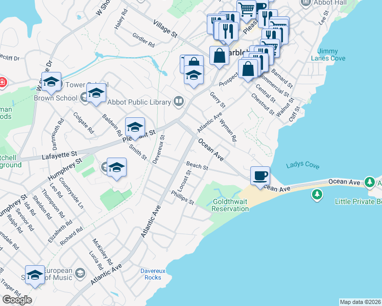 map of restaurants, bars, coffee shops, grocery stores, and more near 6 Garnet Street in Marblehead