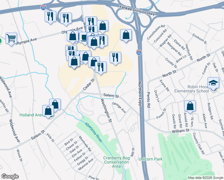 map of restaurants, bars, coffee shops, grocery stores, and more near 354 Salem Street in Woburn