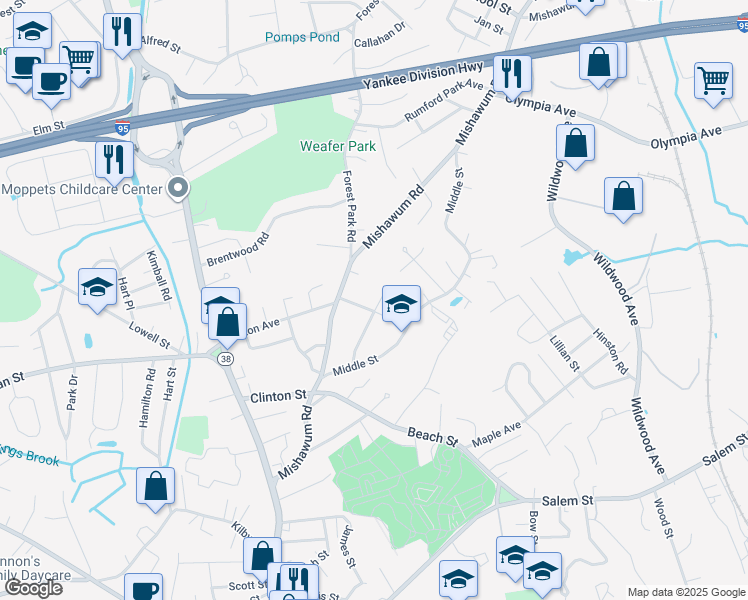 map of restaurants, bars, coffee shops, grocery stores, and more near 8 Fryeburg Road in Woburn