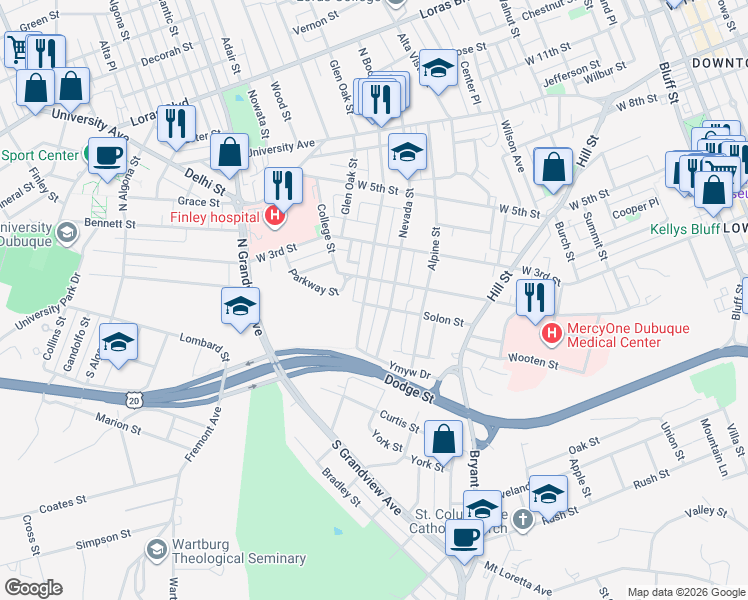 map of restaurants, bars, coffee shops, grocery stores, and more near 86-98 North Booth Street in Dubuque