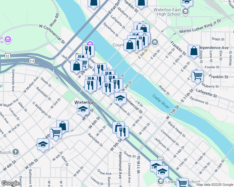 map of restaurants, bars, coffee shops, grocery stores, and more near 224 West 6th Street in Waterloo