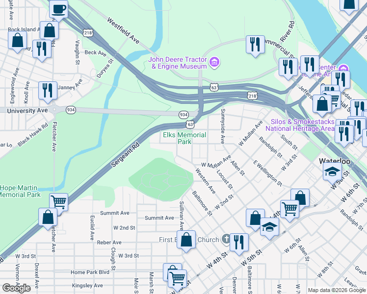 map of restaurants, bars, coffee shops, grocery stores, and more near 210 Norimer Street in Waterloo