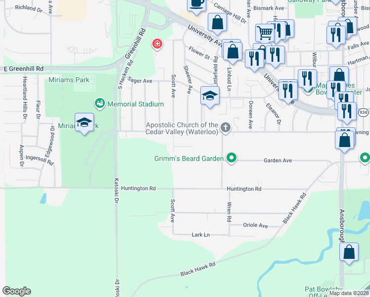 map of restaurants, bars, coffee shops, grocery stores, and more near 1845 Rush St in Waterloo