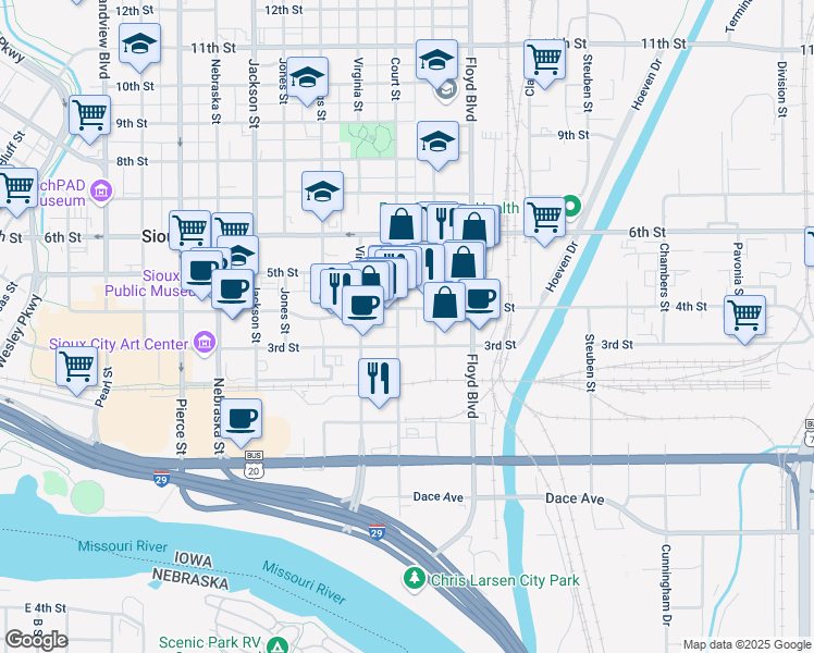 map of restaurants, bars, coffee shops, grocery stores, and more near 316 Court Street in Sioux City