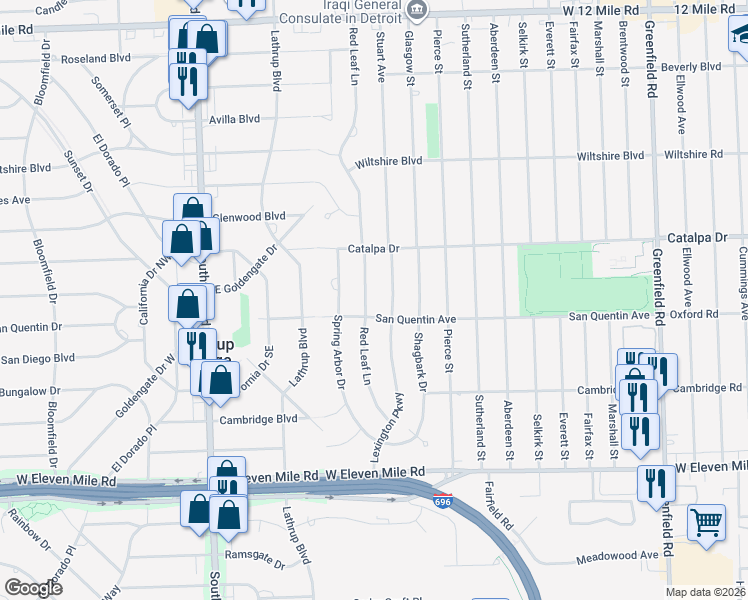 map of restaurants, bars, coffee shops, grocery stores, and more near 27635 Red Leaf Lane in Southfield