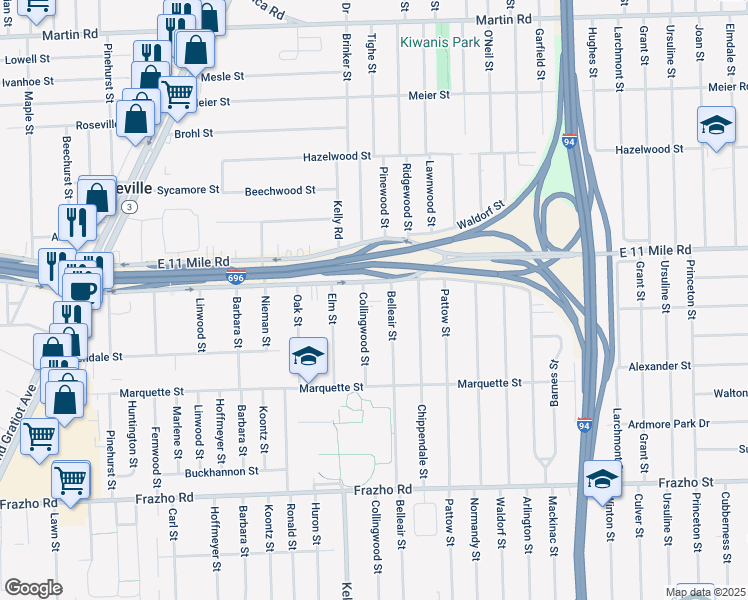 map of restaurants, bars, coffee shops, grocery stores, and more near 26701 Belleair Street in Roseville