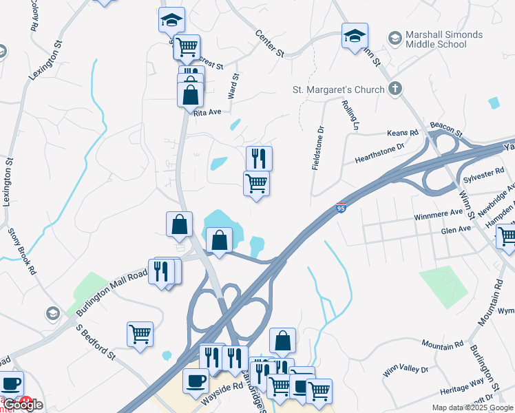 map of restaurants, bars, coffee shops, grocery stores, and more near 35 Corporate Drive in Burlington
