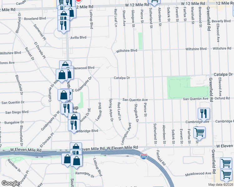 map of restaurants, bars, coffee shops, grocery stores, and more near 27635 Red Leaf Lane in Southfield